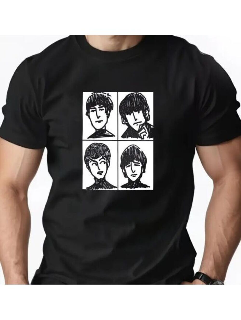 The Beatles - cartoon heads - T-Shirt - Black - Size L - NEW NWOT